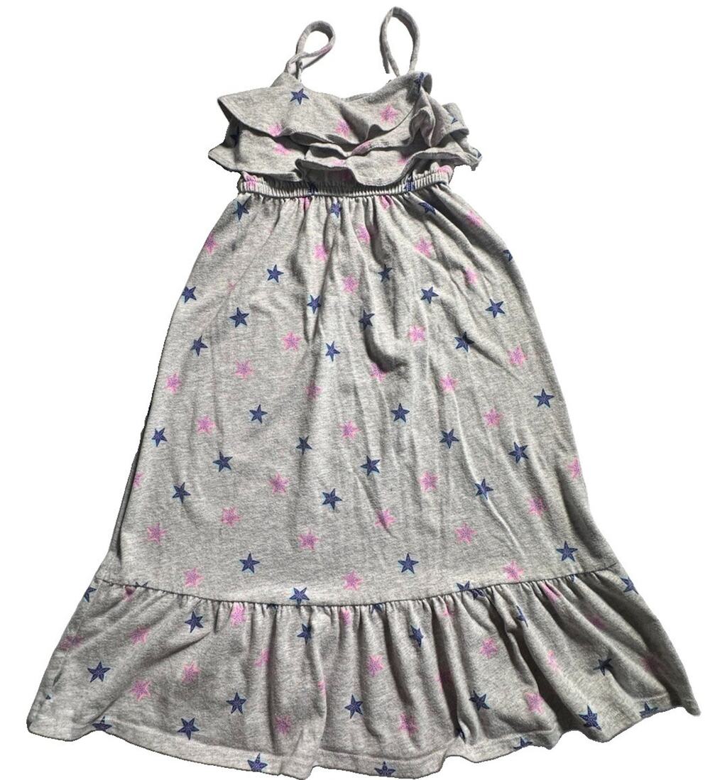 Cat & Jack Girls Maxi Dress XS 4/5 Gray Pink Blue Stars Ruffle Sleeveless